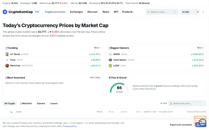 Screenshot of Cryptocurrency Prices, Charts & Market Cap | CryptoKoinCap