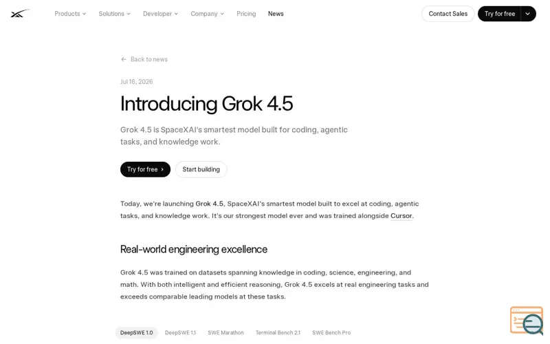Screenshot of Grok 4.5