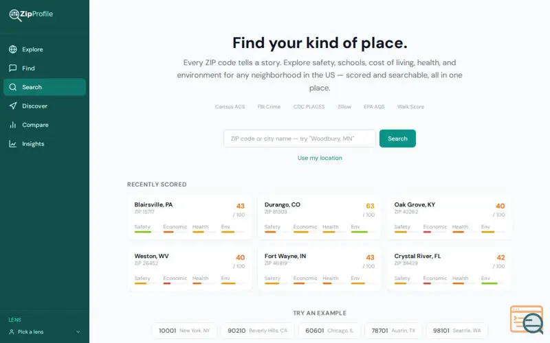 Screenshot of ZipProfile — Know Your Neighborhood