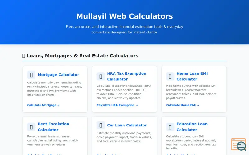 Screenshot of Mullayil Financial & Everyday Web Calculators Hub
