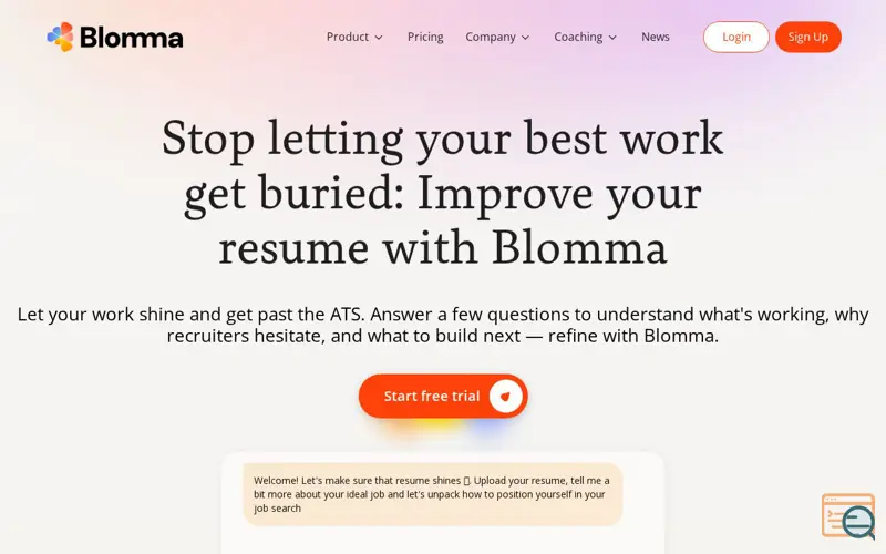 Screenshot of Resume Support by Blomma