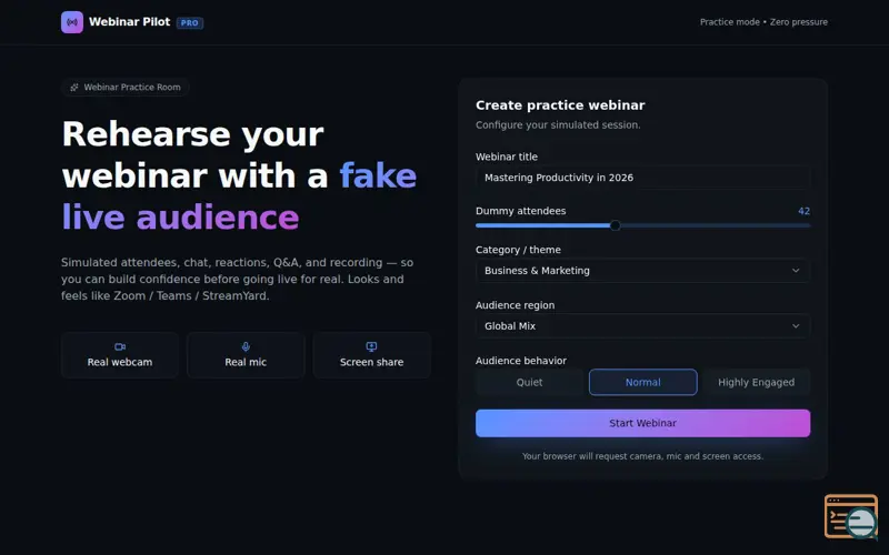 Screenshot of Webinar Pilot Pro: Virtual Practice Room