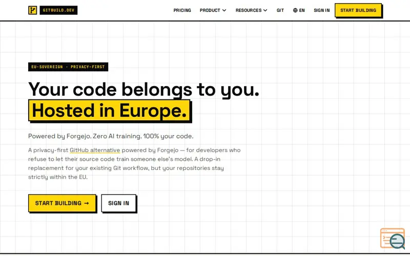 Screenshot of gitbuild.dev — EU-sovereign Git hosting, a launch using Freedom Internet