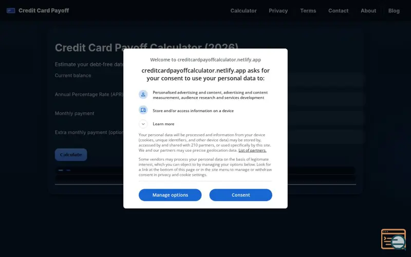 Screenshot of Credit Card Payoff Calculator