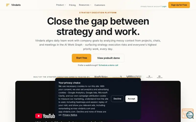 Screenshot of Vindaris - Strategy Execution Software, a launch using Scaleway