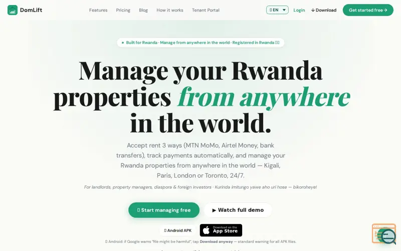 Screenshot of DomLift — Property management for Rwanda