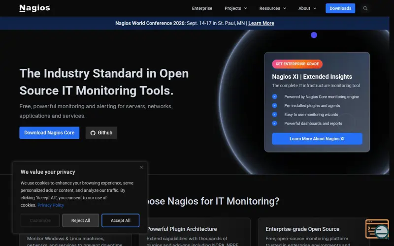 Screenshot of Nagios Open Source, a launch using CentOS