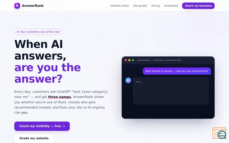 Screenshot of AnswerRank — Is your business recommended by ChatGPT?