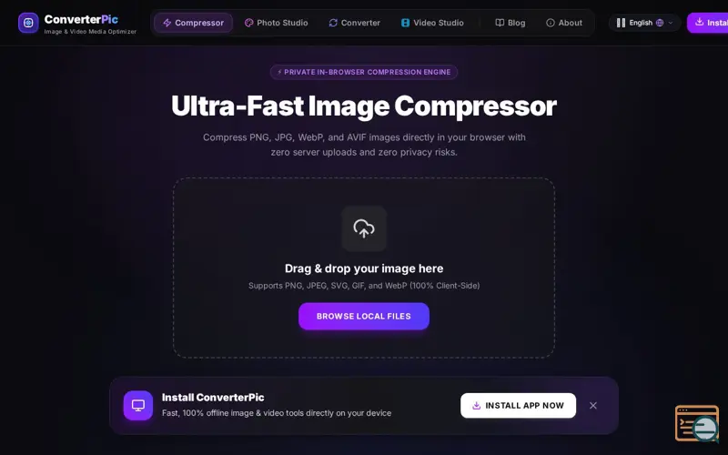 Screenshot of PixelShrink — Browser-Side Image Compressor
