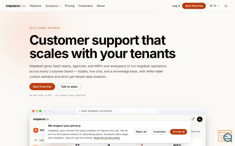 Screenshot of Helpdash — Multi-tenant ticket support, with white-label workspaces