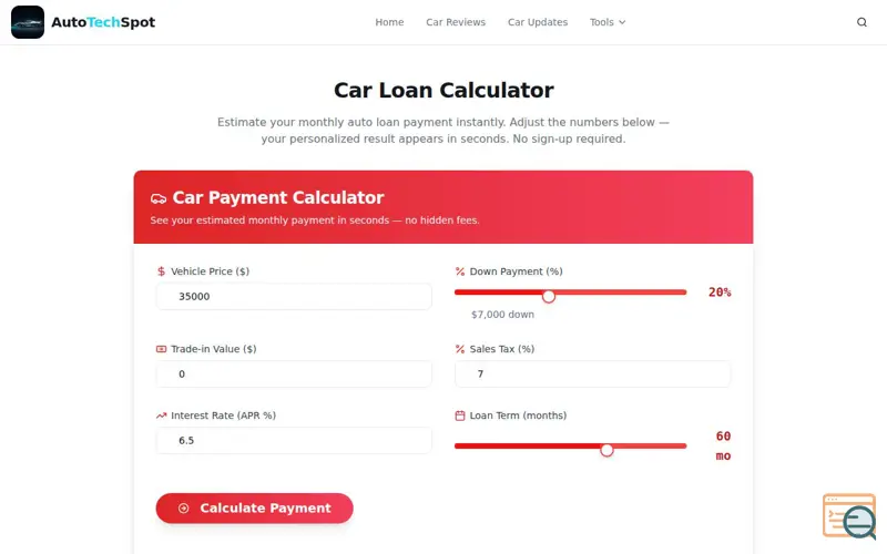 Screenshot of AutoTechSpot Car Loan Calculator