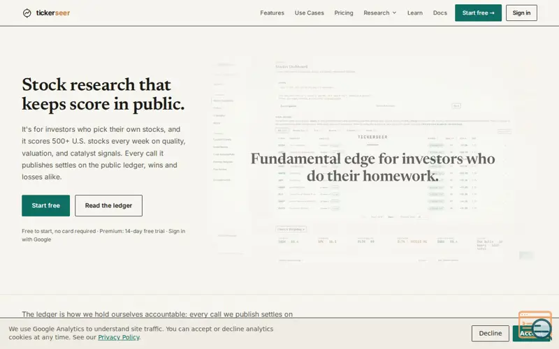 Screenshot of tickerseer · AI Stock Valuation, Scored in Public