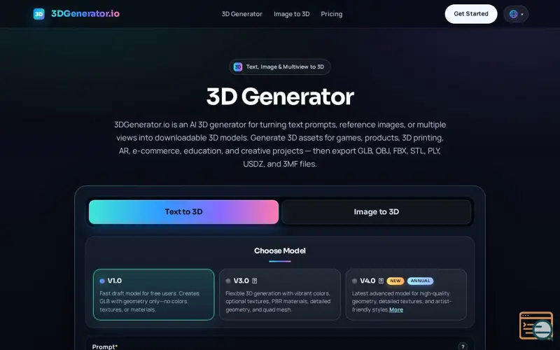 Screenshot of 3D Generator — Prompt to 3D in Seconds