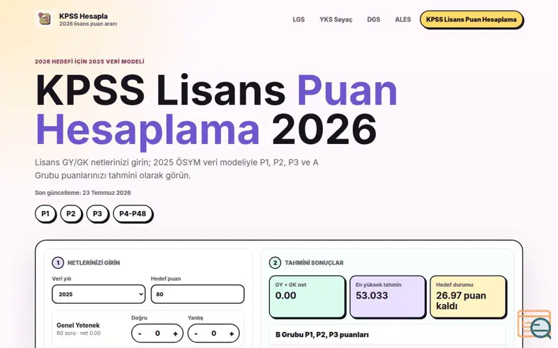 Screenshot of KPSS Puan Hesaplama Aracı - 2026, a launch using Noon Launch