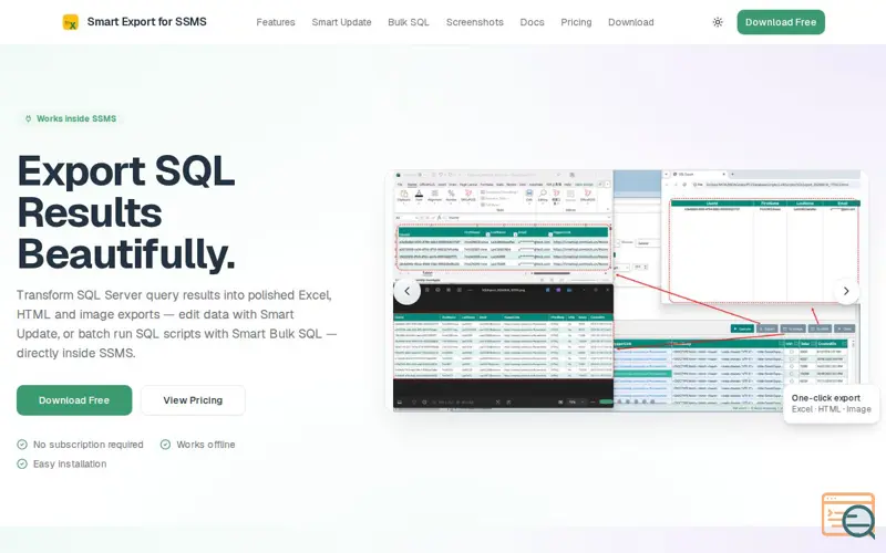 Screenshot of SSMS SQL Editor & Export Tool