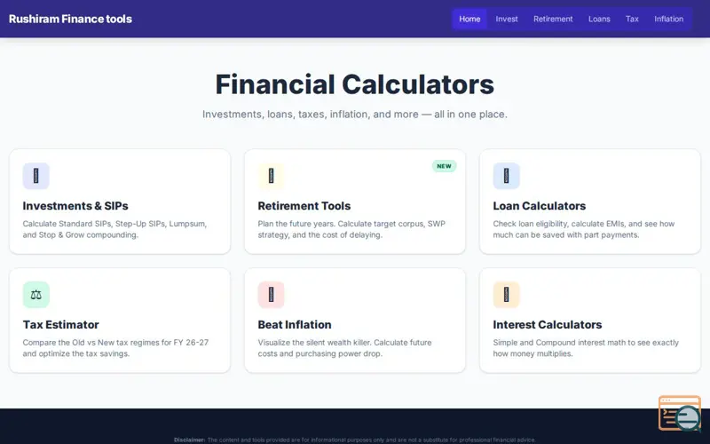 Screenshot of Rushiram Finance Tools 2.0