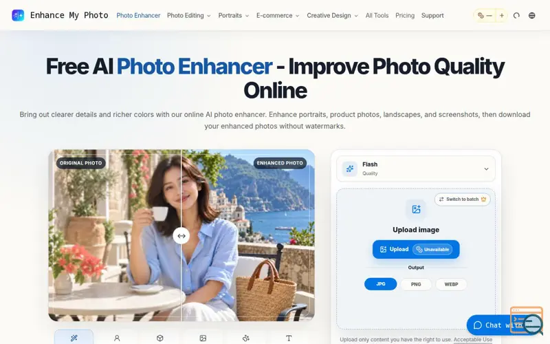 Screenshot of Free AI Photo Enhancer Online | Enhance My Photo, a launch using BestSky Tools