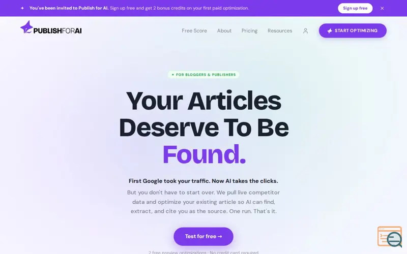 Screenshot of Publish for AI, a launch using Senja
