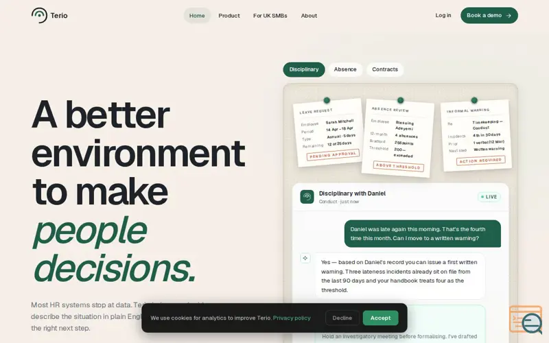 Screenshot of Terio — AI-powered HR for UK businesses