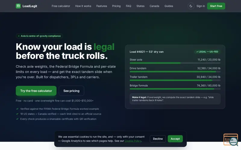 Screenshot of Axle Weight Calculator & Federal Bridge Formula Checker | LoadLegit
