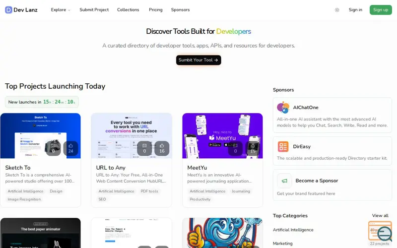 Screenshot of Dev Lanz - Dev Lanz is a platform to discover and upvote the best tech products. Find top products launching daily., a launch using DR Checker