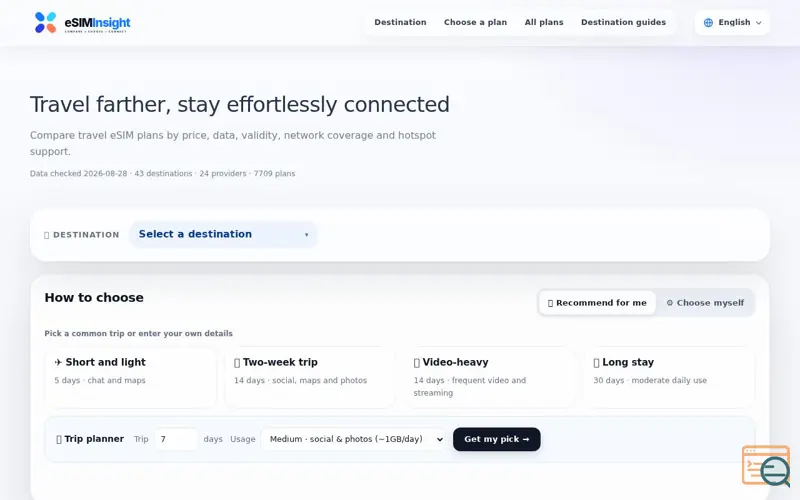 Screenshot of eSIMInsight — 全球漫游 eSIM 性价比对比