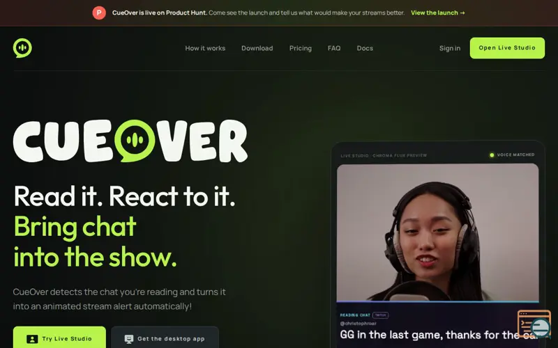 Screenshot of CueOver - Stream smarter, React faster.
