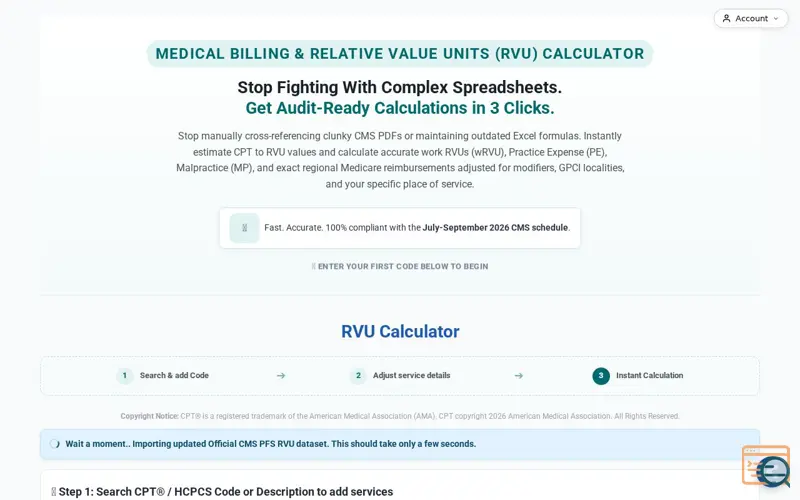 Screenshot of RVU Calculator, a launch using Webpushr