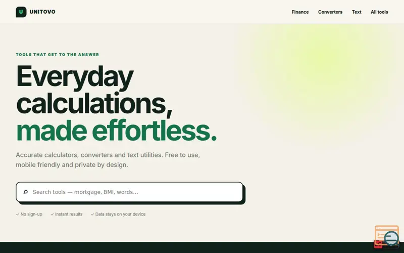 Screenshot of Unitovo — Free Online Calculators, Converters and Tools, a launch using Ardent Metrics