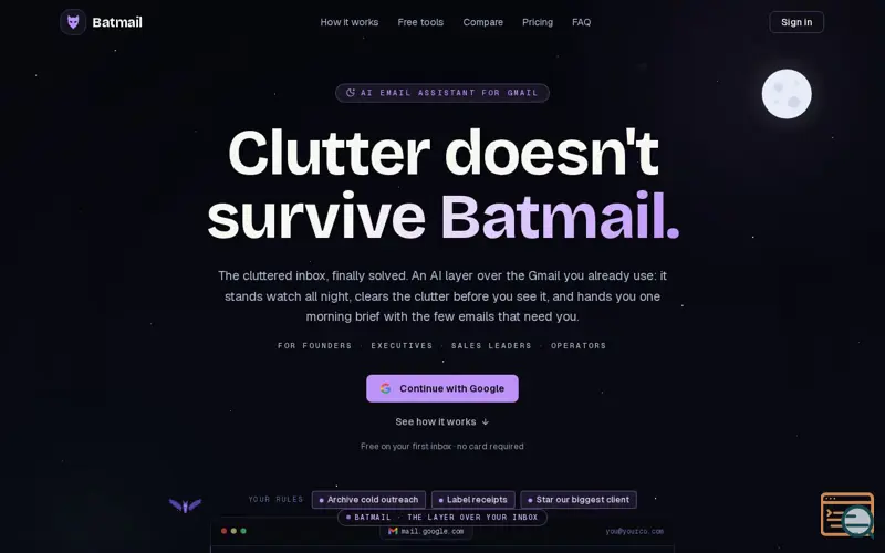 Screenshot of Batmail: the AI email assistant that works the night shift