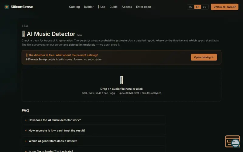 Screenshot of AI Music Detector by SiliconSense