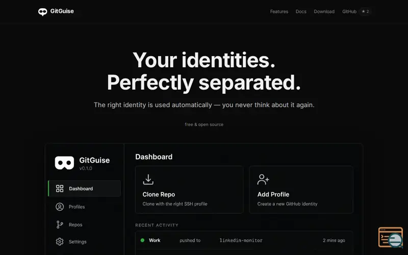 Screenshot of GitGuise — Git, without the identity crisis.