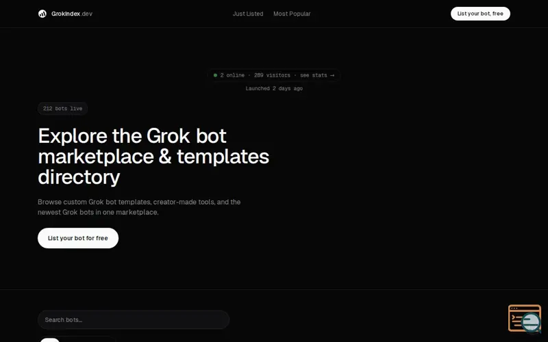 Screenshot of GrokIndex.dev — the directory of custom Grok bots