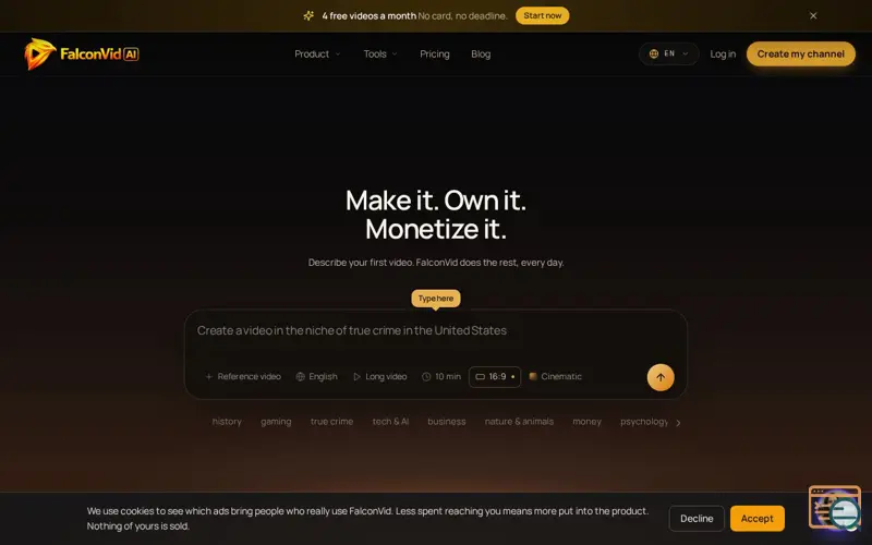 Screenshot of FalconVid — Faceless YouTube Channels on Autopilot: AI YouTube Automation