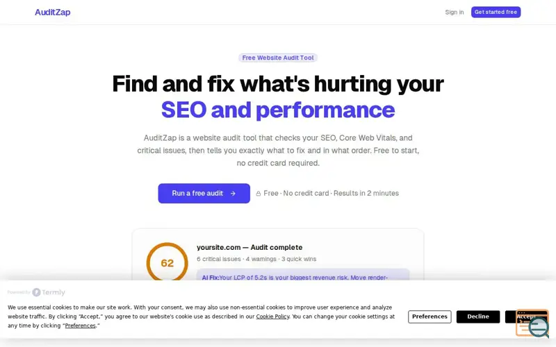 Screenshot of AuditZap, a launch using Termly