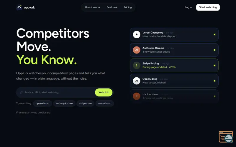 Screenshot of Opplurk — Website change monitoring with AI summaries & alerts