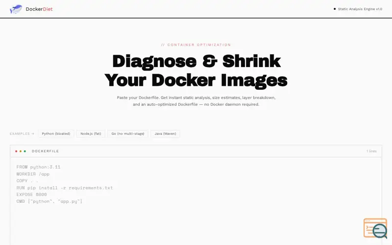 Screenshot of DockerDiet — Docker Image Optimizer