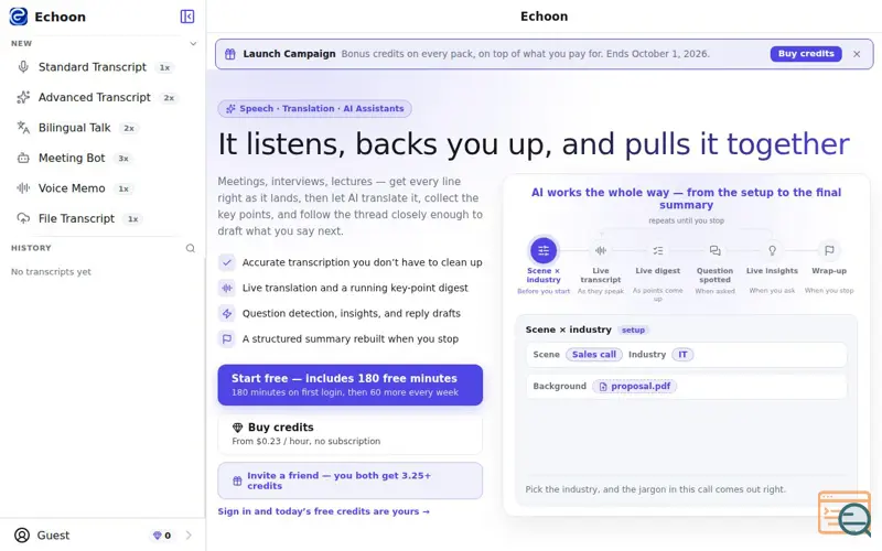 Screenshot of Echoon — AI notes that keep up with the conversation