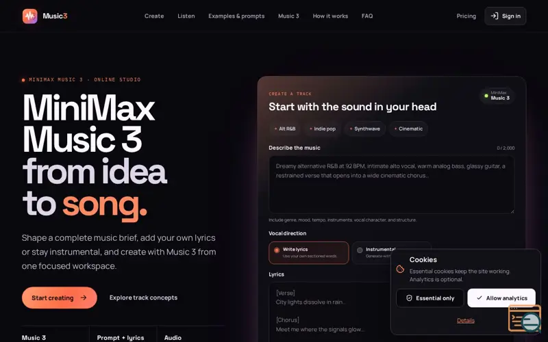 Screenshot of MiniMax Music 3 Generator — Create AI Songs | Music3
