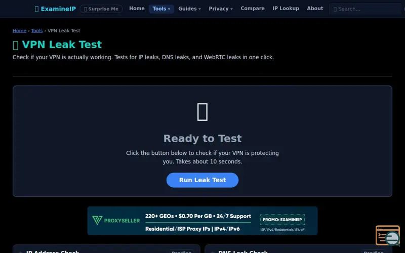 Screenshot of ExamineIP Tools - VPN Leak Test