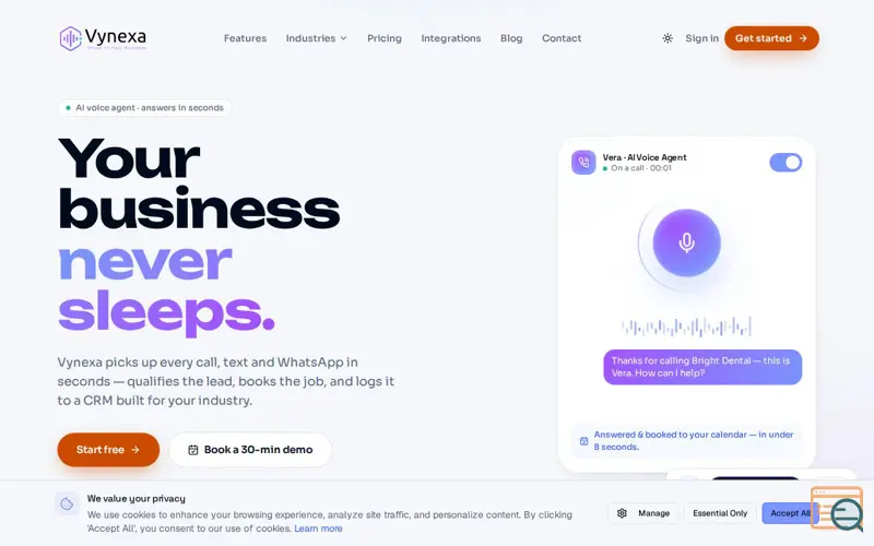 Screenshot of Vynexa — CRM with AI Voice, SMS & WhatsApp