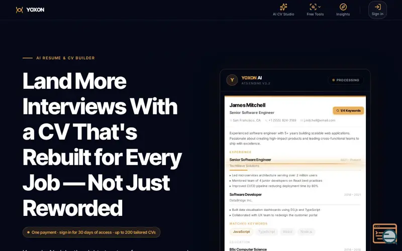 Screenshot of AI Job Search Tools — CV Builder & Resume Auditor | Yoxon