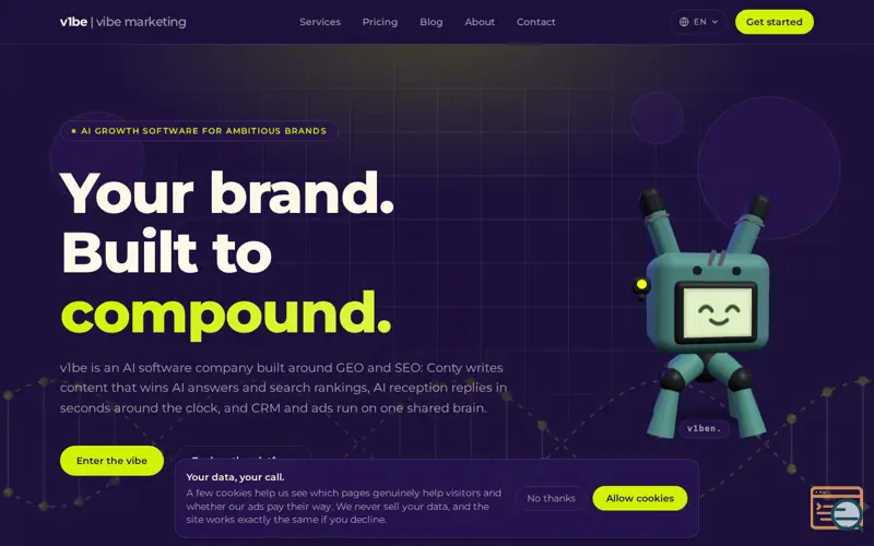 Screenshot of v1be | vibe marketing — AI-native digital marketing, a launch using Güzel Hosting