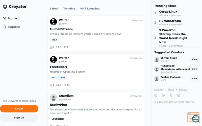 Screenshot of Creyater, a launch using Hostingial