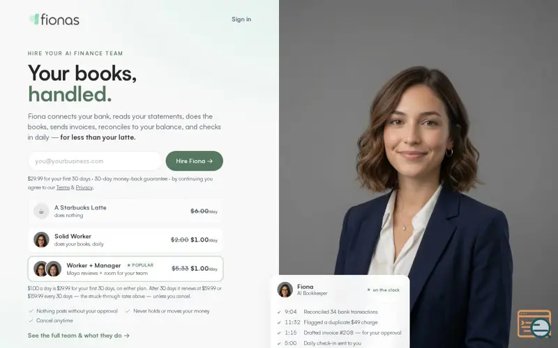 Screenshot of Fiona — AI Bookkeeper & Lightweight Bookkeeping Service Alternative