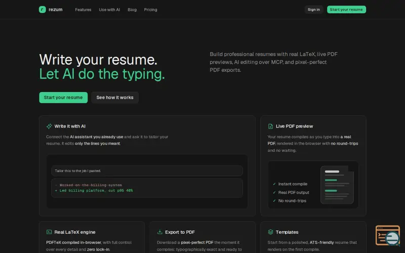 Screenshot of rezum | Free LaTeX Resume Builder with Live PDF Preview