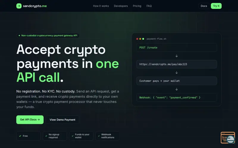 Screenshot of SendCrypto — 1-click API crypto gateway