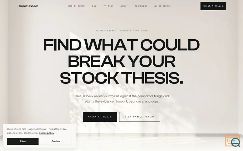 Screenshot of Find What Could Break Your Stock Thesis | ThesisCheck, a launch using Trigger.dev