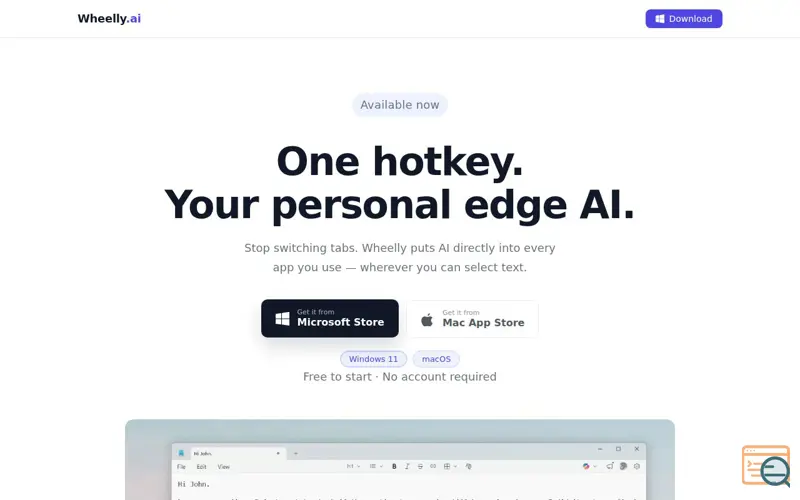 Screenshot of Wheelly.ai — AI in every app, with one hotkey