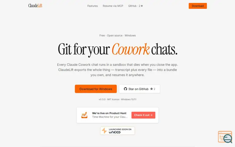 Screenshot of ClaudeLift , Git for Claude Cowork chats